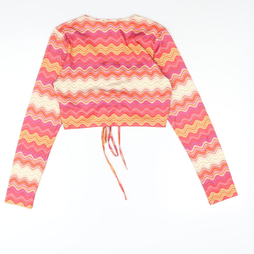 Cameo Rose Womens Multicoloured Geometric Polyester Cropped Blouse Size 8 V-Neck - Drawstring Detail