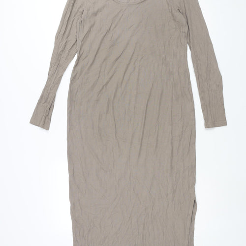 H&M Womens Brown Cotton Shift Size M Round Neck Pullover - Side Slit Ribbed