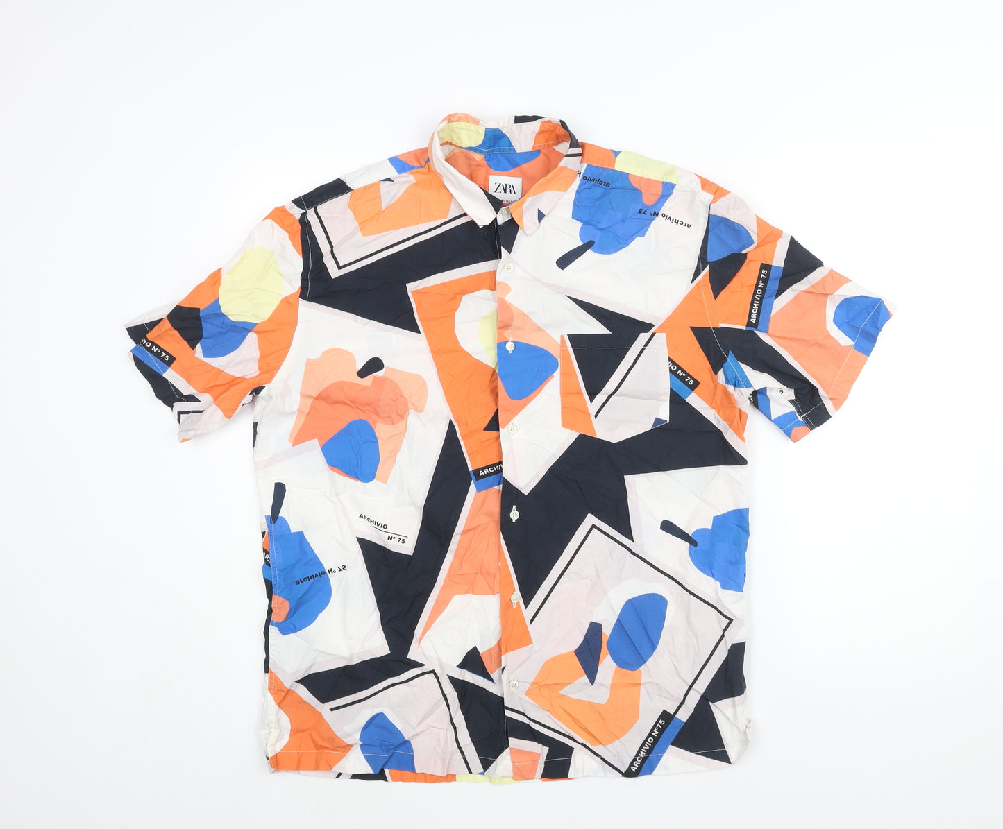 Zara Mens Multicoloured Geometric Cotton Button-Up Size L Collared Button
