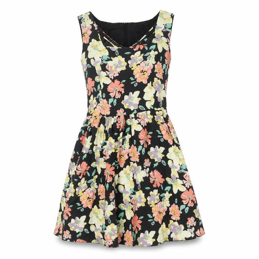 Front view of Louche women’s multicoloured floral polyester a-line, size UK 8, v-neck zip