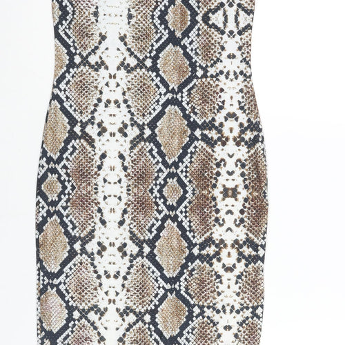 PRETTYLITTLETHING Womens Brown Animal Print Viscose Slip Dress Size 10 Square Neck Pullover - Snake Print