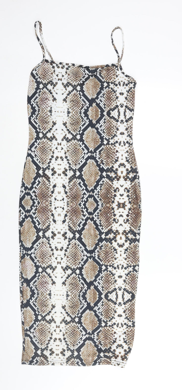 PRETTYLITTLETHING Womens Brown Animal Print Viscose Slip Dress Size 10 Square Neck Pullover - Snake Print
