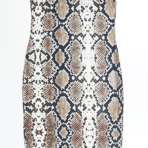 PRETTYLITTLETHING Womens Brown Animal Print Viscose Slip Dress Size 10 Square Neck Pullover - Snake Print