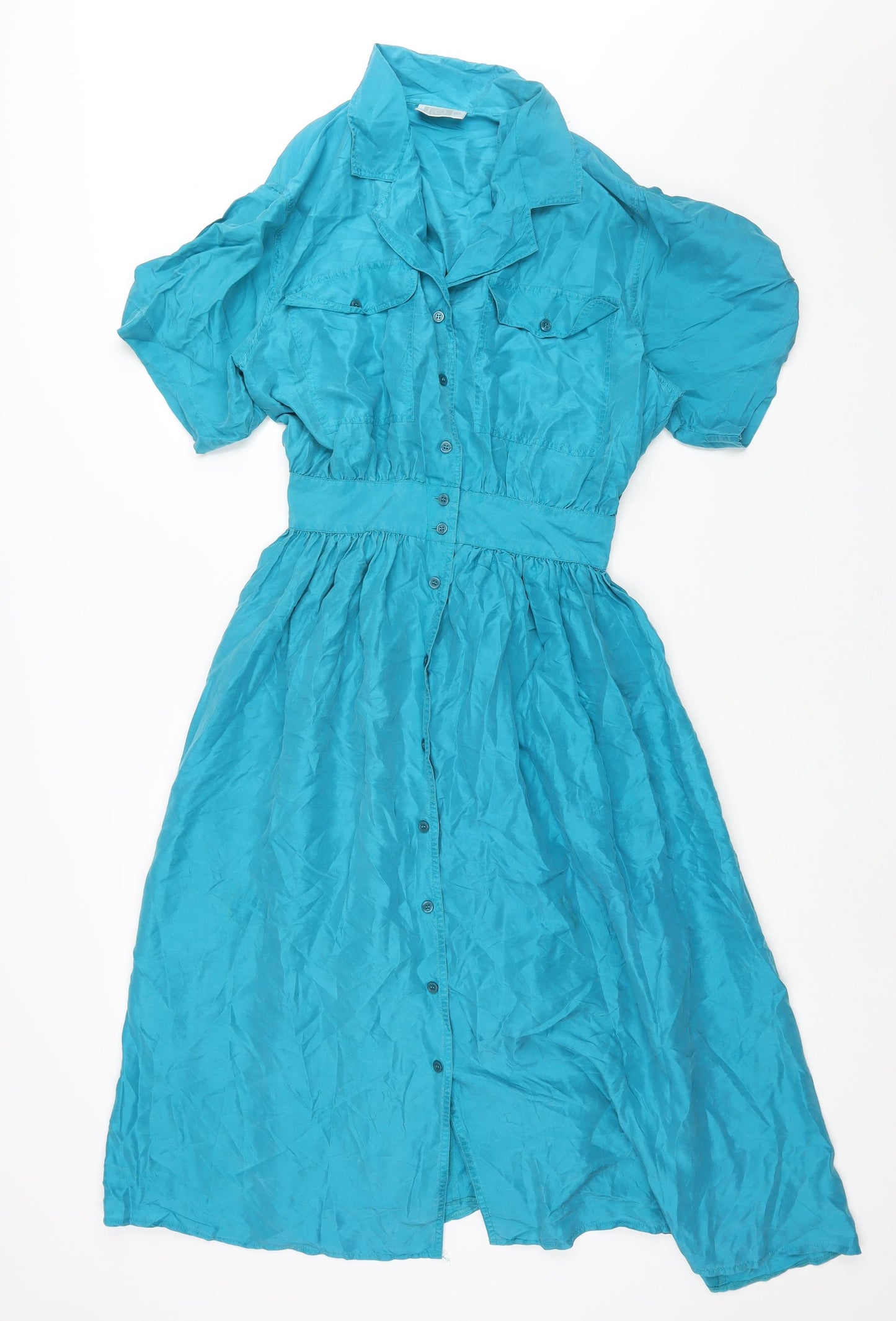 I.Q. Womens Blue Silk Shift Size 14 Collared Button