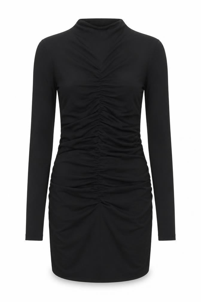 Front view of H&M women’s black polyester bodycon, size S, mock neck pullover - rouched