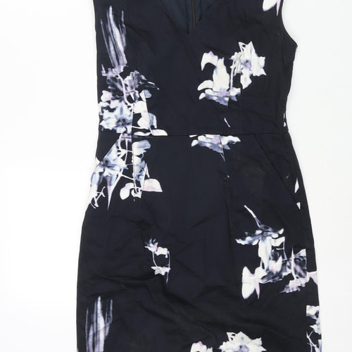 French Connection Womens Blue Floral Cotton Pencil Dress Size 10 V-Neck Zip