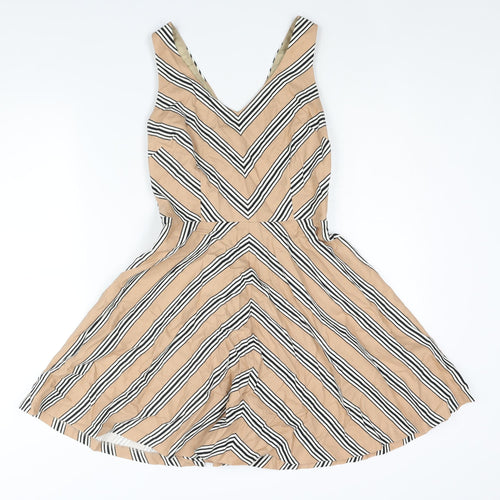 Oasis Womens Beige Striped Cotton Fit & Flare Size 8 V-Neck Zip