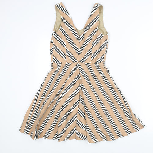 Oasis Womens Beige Striped Cotton Fit & Flare Size 8 V-Neck Zip