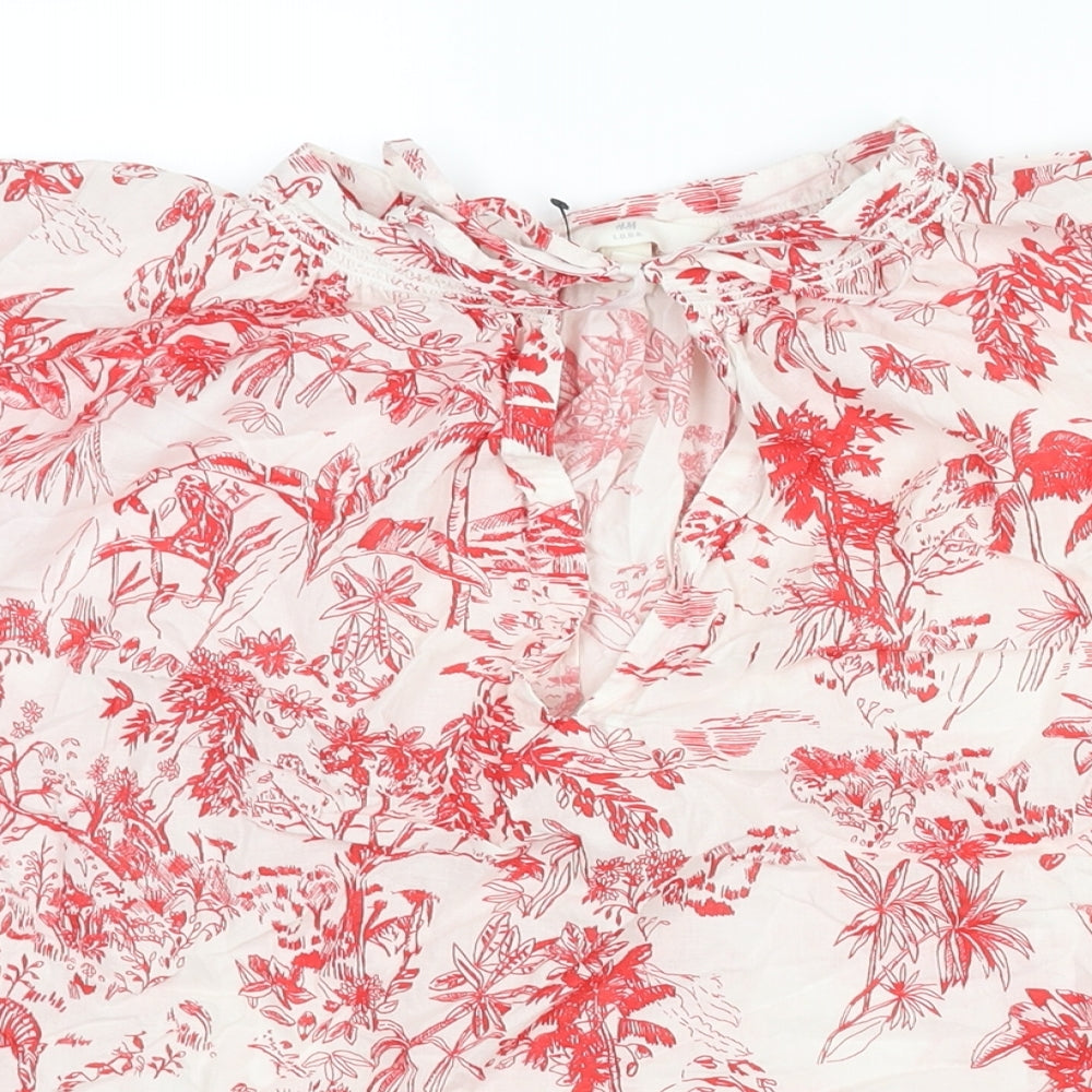 Zara Womens Red Geometric Cotton Basic Blouse Size XL Mock Neck - Keyhole Neck