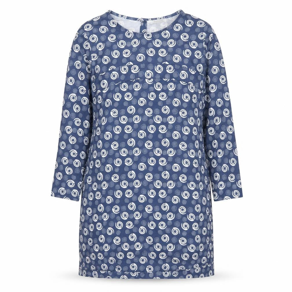 Front view of Alice Collins women’s blue geometric polyester shift, size UK 10, round neck button