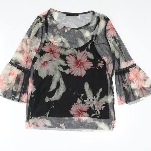 House Womens Black Floral Polyester Basic Blouse Size S Round Neck