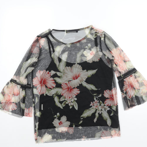House Womens Black Floral Polyester Basic Blouse Size S Round Neck