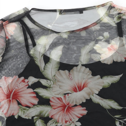 House Womens Black Floral Polyester Basic Blouse Size S Round Neck