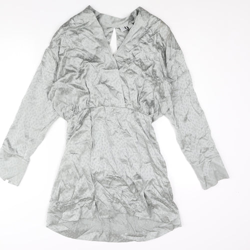 Topshop Womens Silver Geometric Silk Mini Size 8 V-Neck Zip