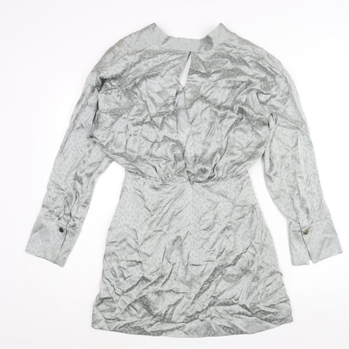Topshop Womens Silver Geometric Silk Mini Size 8 V-Neck Zip