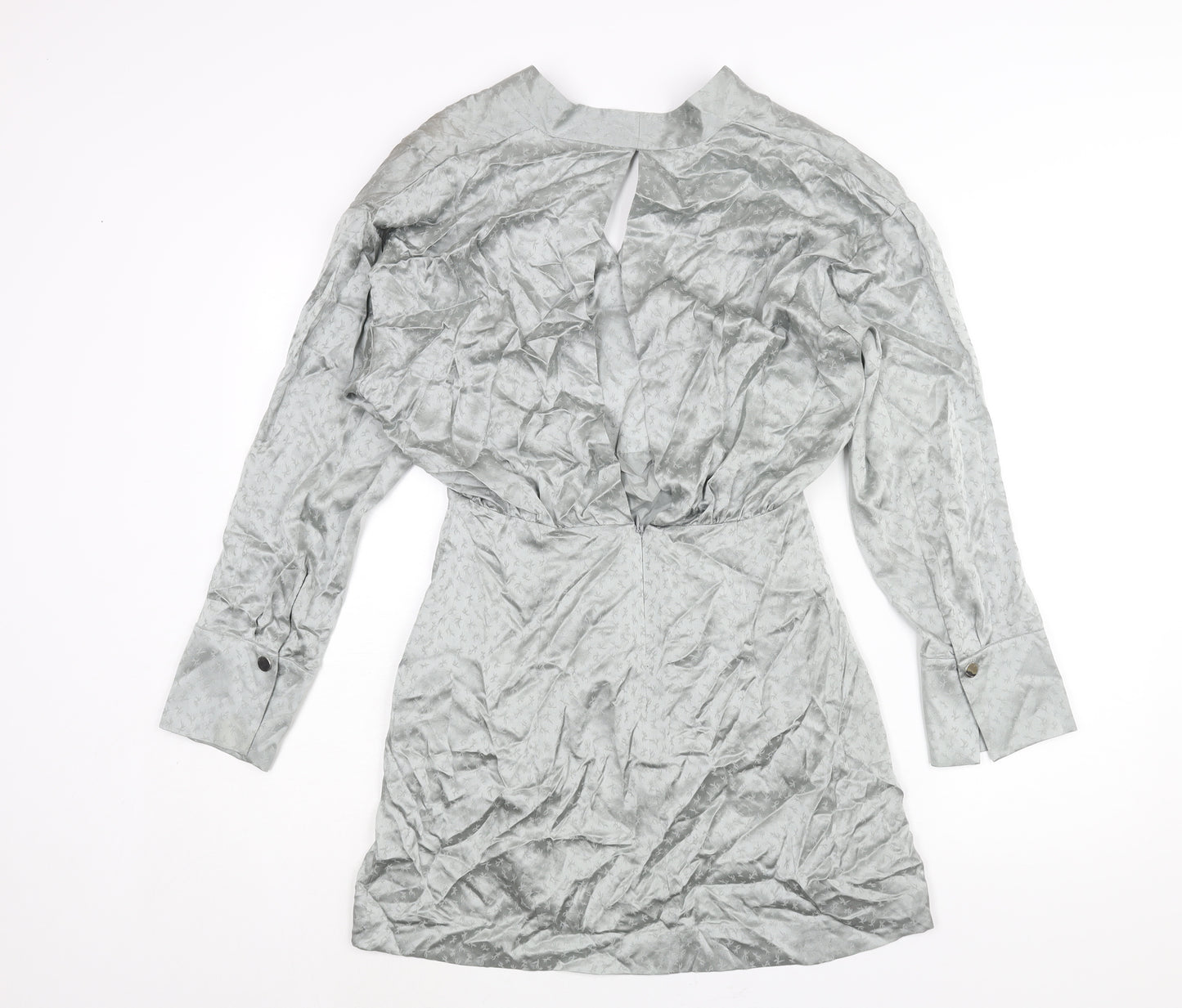 Topshop Womens Silver Geometric Silk Mini Size 8 V-Neck Zip