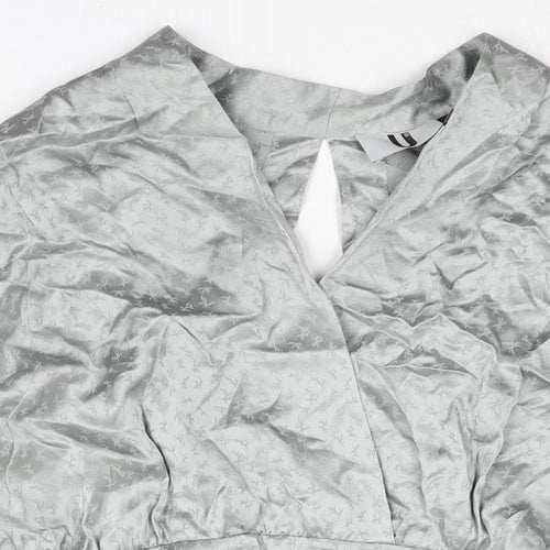 Topshop Womens Silver Geometric Silk Mini Size 8 V-Neck Zip