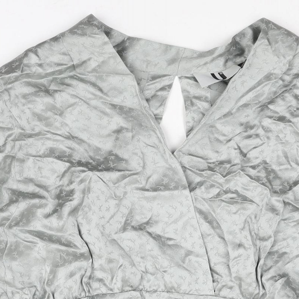 Topshop Womens Silver Geometric Silk Mini Size 8 V-Neck Zip