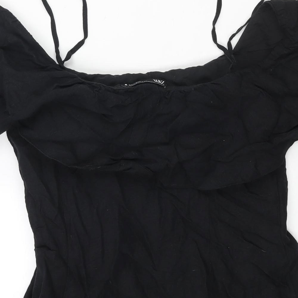 Zara Womens Black Linen Mini Size M Off the Shoulder Zip - Strap