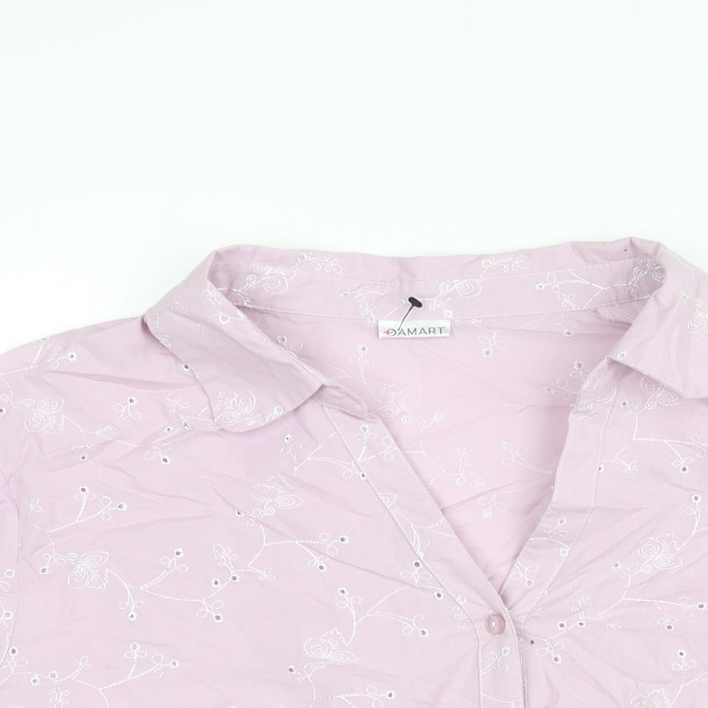 Damart Womens Pink Cotton Basic Button-Up Size 22 Collared - Floral Embroidery