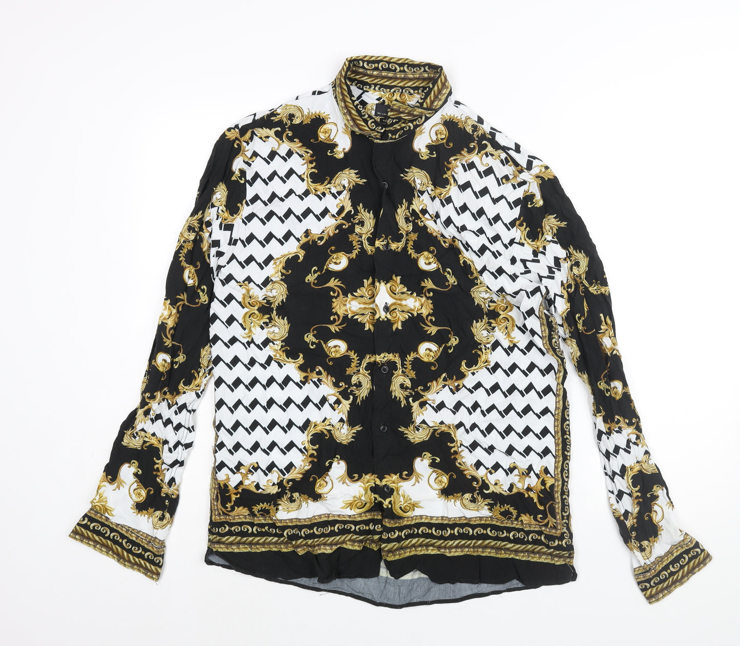 Zara Mens Multicoloured Geometric Viscose Button-Up Size L Collared Button