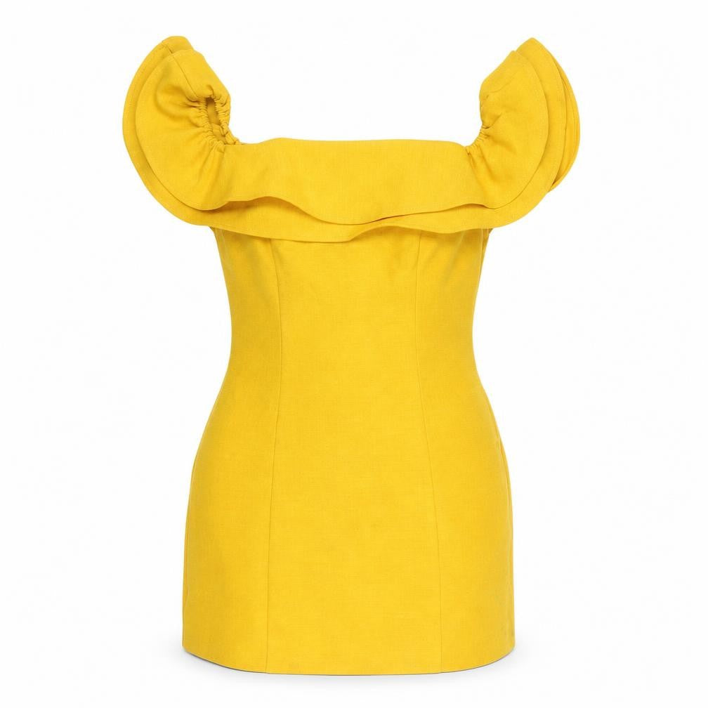 Front view of Topshop women’s yellow polyester mini, size UK 4, square neck zip - frill