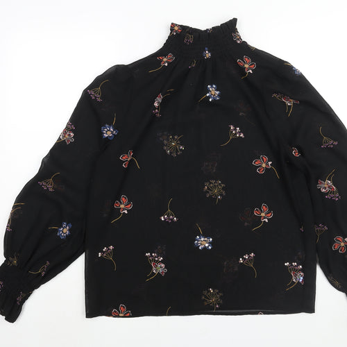 New Look Womens Black Floral Polyester Basic Blouse Size 12 Mock Neck - Semi Sheer Sequin Detail