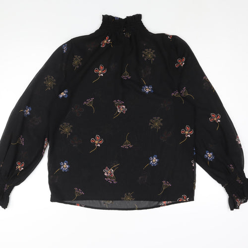 New Look Womens Black Floral Polyester Basic Blouse Size 12 Mock Neck - Semi Sheer Sequin Detail