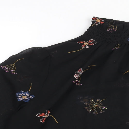 New Look Womens Black Floral Polyester Basic Blouse Size 12 Mock Neck - Semi Sheer Sequin Detail