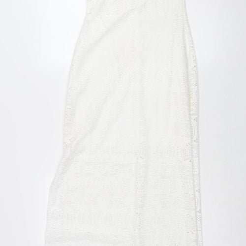 Spotted Womens White Polyester Maxi Size 8 Round Neck Pullover - Side Slits