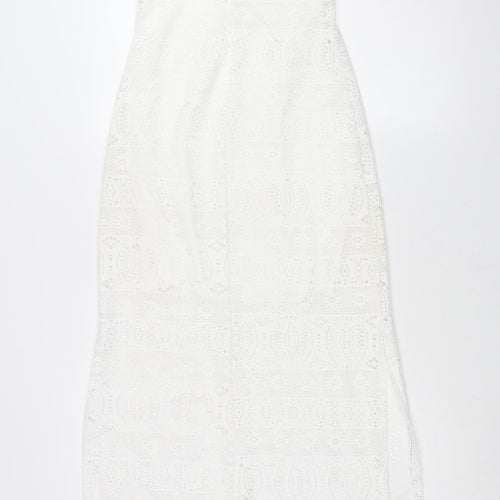 Spotted Womens White Polyester Maxi Size 8 Round Neck Pullover - Side Slits