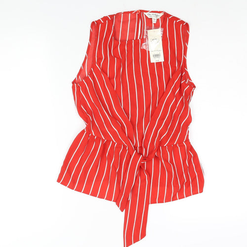 Miss Selfridge Womens Red Striped Polyester Camisole Blouse Size 8 Round Neck - Tie Detail Peplum