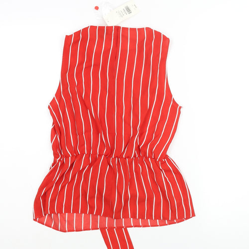 Miss Selfridge Womens Red Striped Polyester Camisole Blouse Size 8 Round Neck - Tie Detail Peplum