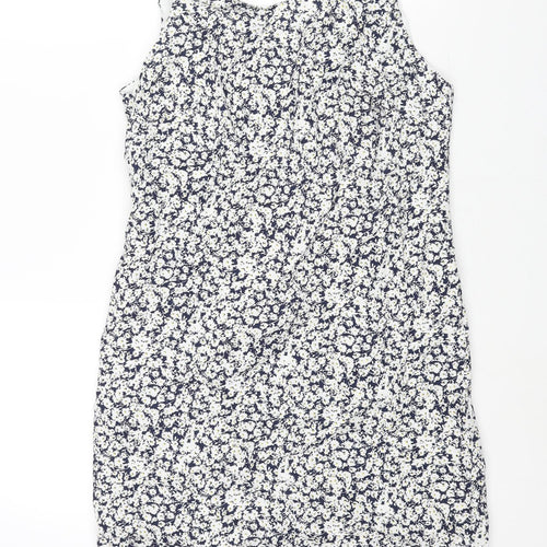 Zara Womens Blue Floral Cotton Mini Size L Boat Neck Zip - Open Back Frill