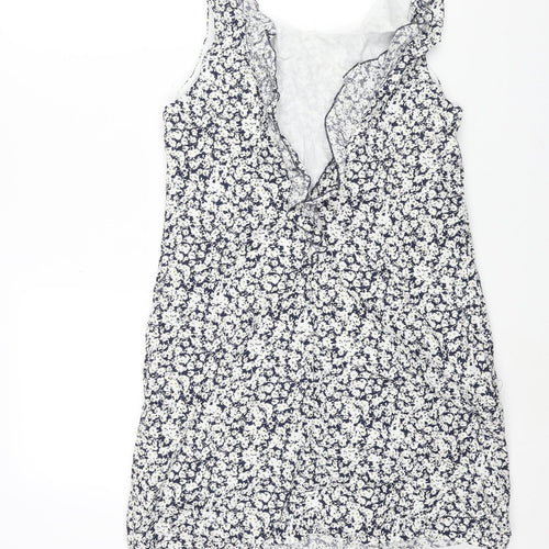 Zara Womens Blue Floral Cotton Mini Size L Boat Neck Zip - Open Back Frill