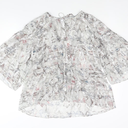 IRO Womens Silver Geometric Silk Basic Blouse Size 12 V-Neck - Frill