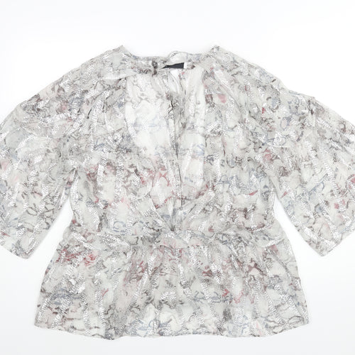 IRO Womens Silver Geometric Silk Basic Blouse Size 12 V-Neck - Frill