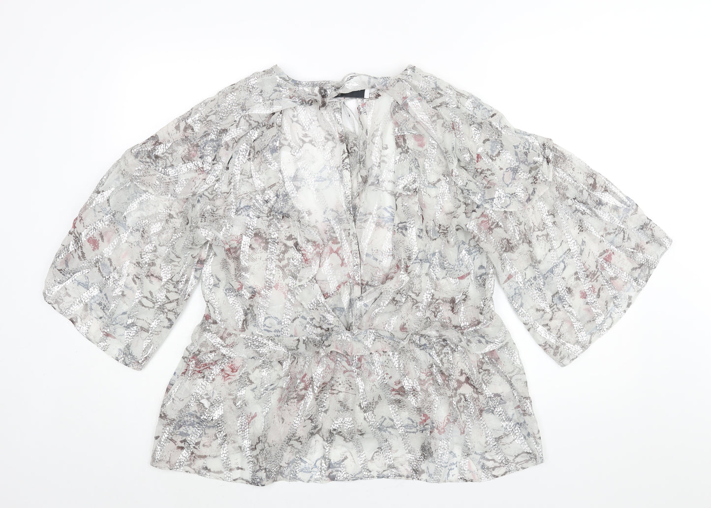 IRO Womens Silver Geometric Silk Basic Blouse Size 12 V-Neck - Frill
