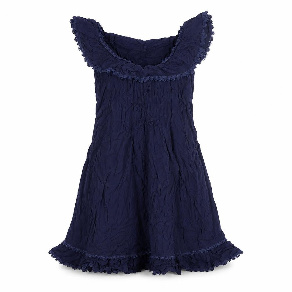 Front view of New Look women’s blue viscose mini, size UK 12, round neck pullover - lace trim belted