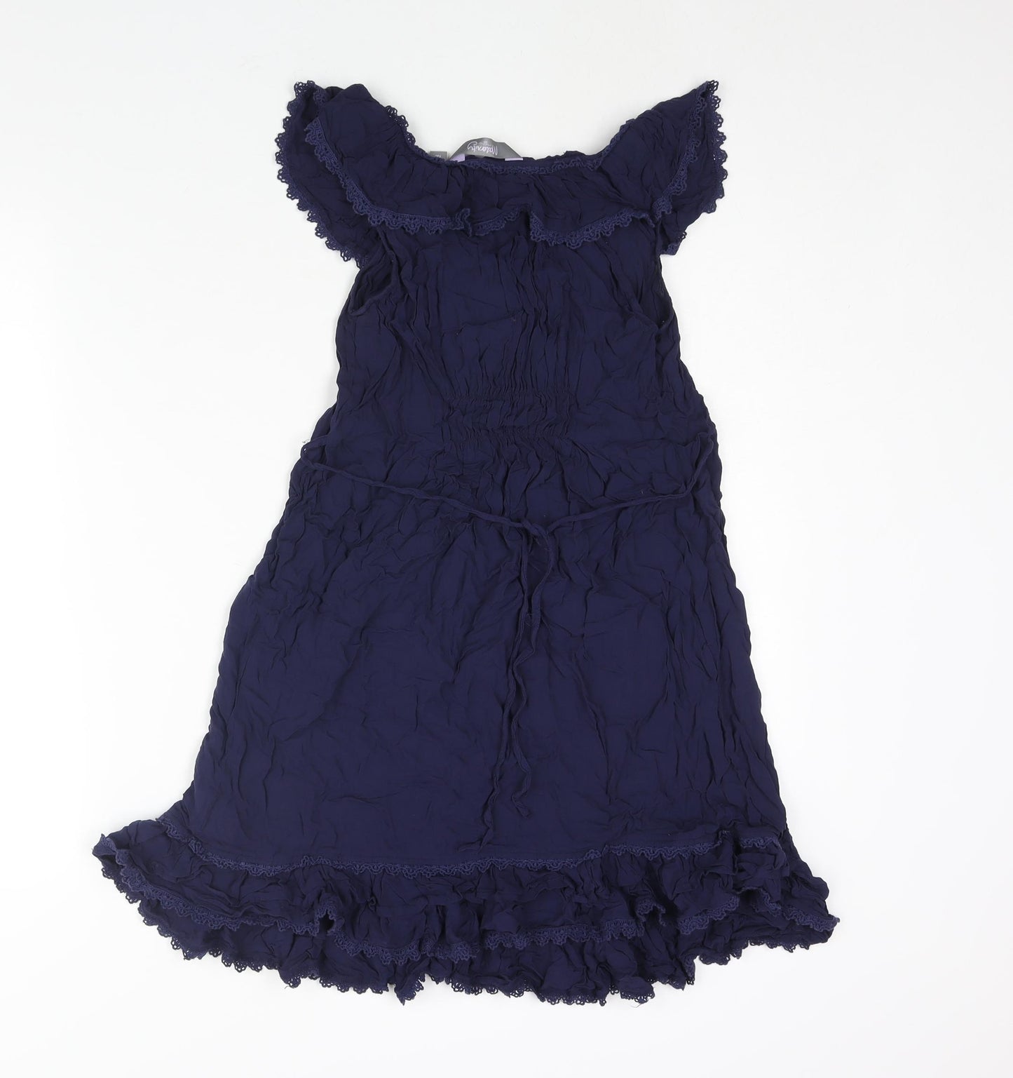New Look Womens Blue Viscose Mini Size 12 Round Neck Pullover - Lace Trim Belted