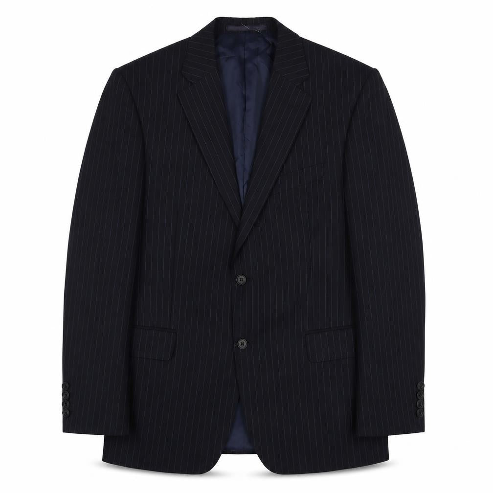 Front view of Marks & Spencer men’s blue striped wool jacket suit jacket, size 40, regular - inside pockets