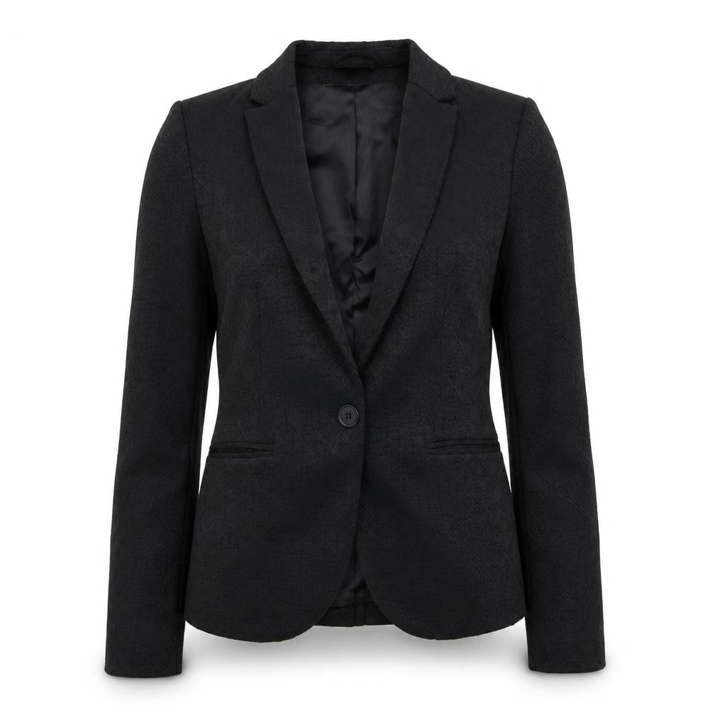 Front view of H&M women’s black argyle/diamond jacket blazer, size UK 6, button