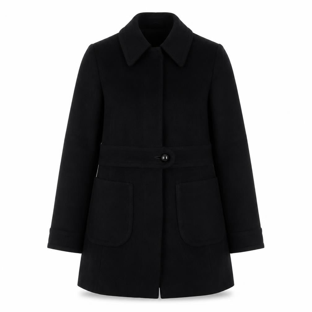 Front view of Editions women’s black overcoat coat, size UK 8, button