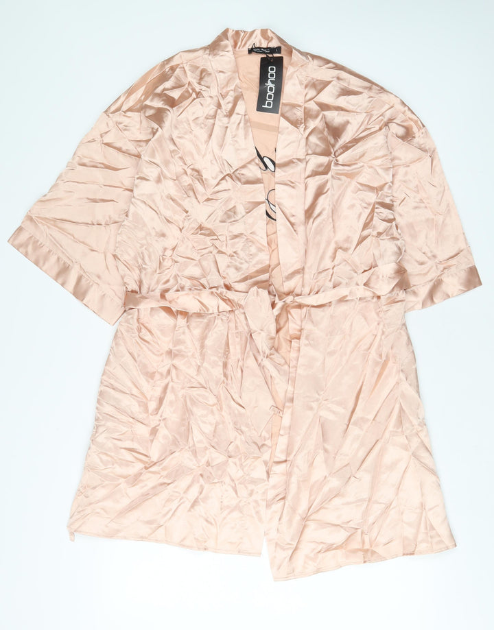 Boohoo Womens Pink Solid Polyester Kimono Gown Size L Tie - Bride Squad, Embroidered