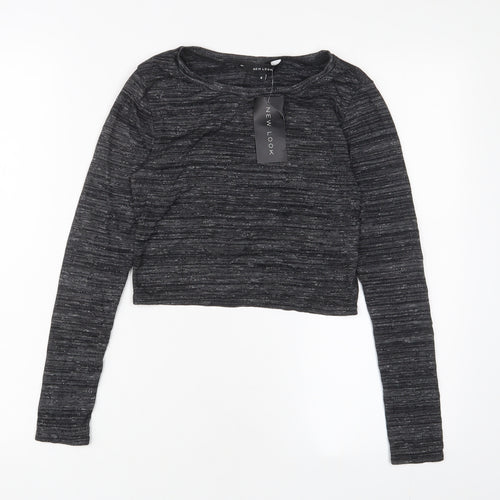 New Look Womens Grey Viscose Cropped T-Shirt Size 8 Crew Neck