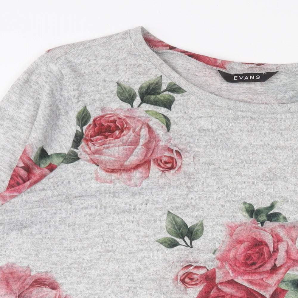 Evans Womens Grey Floral Polyester Basic T-Shirt Size 22 Crew Neck - 22/24