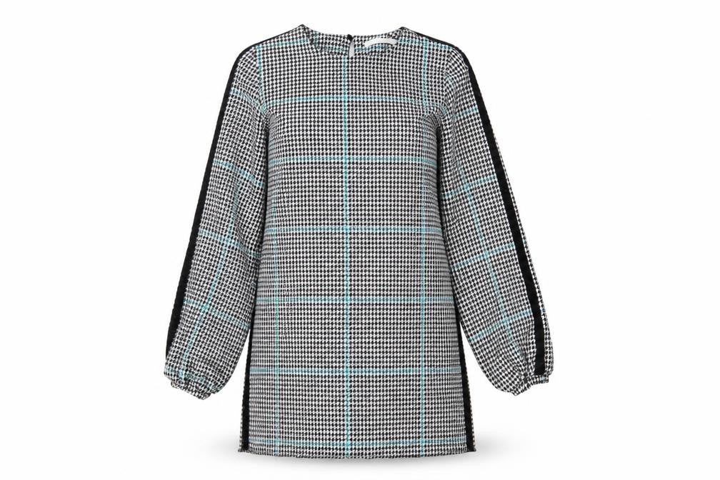 Front view of Zara women’s black houndstooth polyester sheath, size S, boat neck button