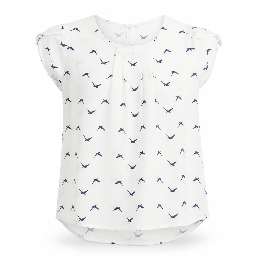 Front view of Stella women’s white geometric polyester basic t-shirt, size UK 8, scoop neck - pleated