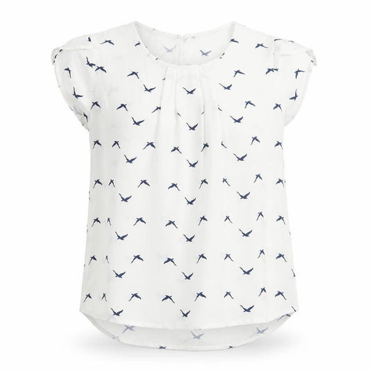 Front view of Stella women’s white geometric polyester basic t-shirt, size UK 8, scoop neck - pleated