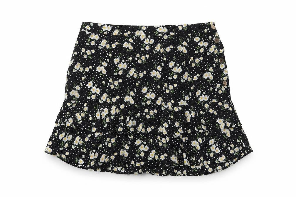Front view of Oasis women’s black floral polyester a-line skirt, size UK 18, button